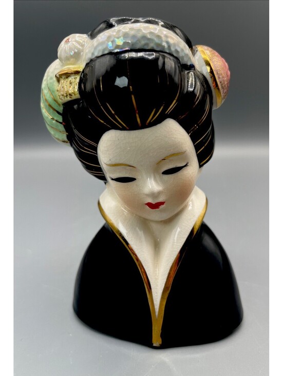 Other - Rare Vintage Japan Geisha Lady Head Vase Black Robe Gold Madame Butterfly MCM